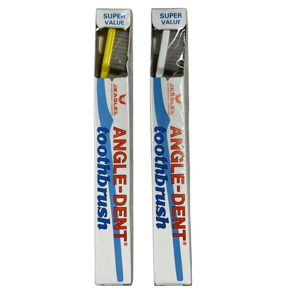 Vtg Eagle Angle-Dent Toothbrush 2 Pack Adult Medium Yellow White New Old Stock